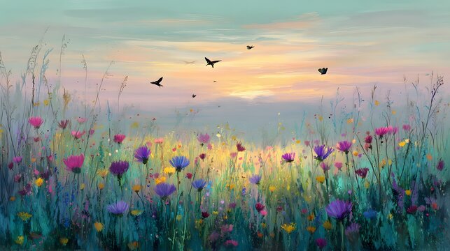 Vibrant wildflowers bloom across a misty meadow against a soft sunset sky with silhouetted flyers overhead - Powered by Adobe