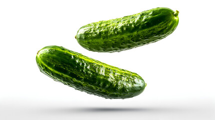 A fresh cucumber floats effortlessly to create a clean visual impact, isolated on white