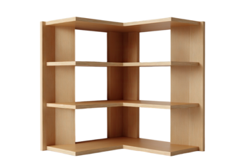 Empty corner shelf, three levels, light wood