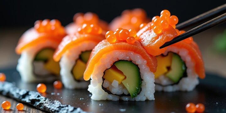 Close up Sushi Salmon Rolls with Mango and Caviar with Chopsticks - Powered by Adobe