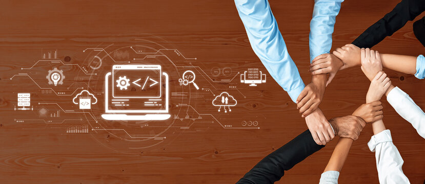 A dynamic scene depicting collaborative hands joining forces to symbolize teamwork and digital innovation, perfect for themes of partnership and modern business development. Trope - Powered by Adobe