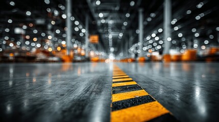 Warehouse interior with yellow and black striped floor marking industrial setting.