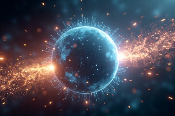 Celestial sphere radiates blue energy, surrounded by glowing particles and cosmic sparks in deep space.