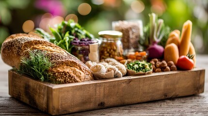 Assortment of fresh baked goods and raw ingredients presented in a rustic wooden container