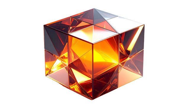 Geometric cube, multifaceted, transparent, with internal warm glow on black background
