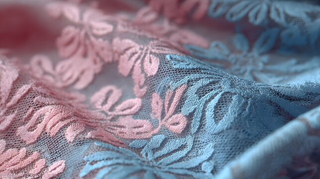 Intricate floral lace fabric displays soft pink and light blue contrasting hues under focused lighting