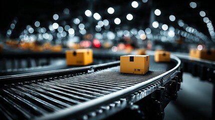 Cardboard boxes move on a conveyor belt in a warehouse or factory setting.