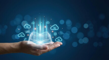 Online education technology concept. A hand holding an illuminated book with digital elements and clouds above it.