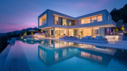 Fototapeta premium Modern luxury residence features expansive infinity pool during twilight hours