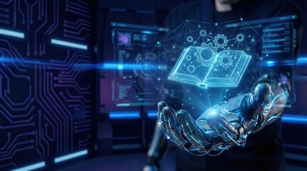 Online education technology concept. Futuristic image of a robotic hand holding a digital book, symbolizing technology and knowledge.