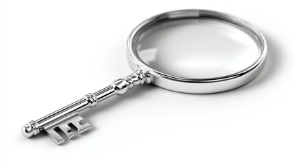 A shiny silver magnifying glass with an elegant antique key, symbolizing discovery.