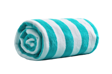 Rolled towel, teal & white stripes, soft fabric texture