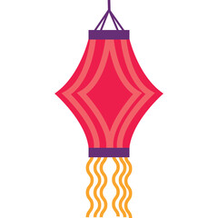 Traditional Indian Lantern Decoration With Fuchsia Pink Layers And Orange Tassels Suspended Against A White Background Featuring Geometric Shapes And Festive Ambiance