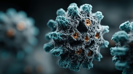 Microscopic view of virus cells with spiky surface in a dark environment.