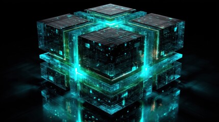 A futuristic, glass cube with glowing blue and green lights, set against a black background with reflections.