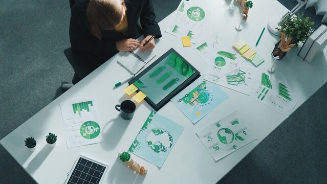Skilled project manager taking a note at meeting table with green business element. Caucasian business woman looking at element on table represent renewable energy or sustainable energy. Alimentation.