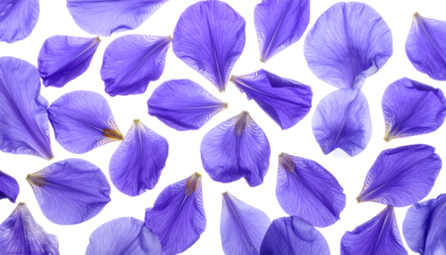 A top-down view of vibrant purple flower petals elegantly scattered across an isolated white background, showcasing delicate natural textures