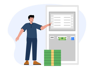 Man withdrawing cash from ATM. Saving vector illustration. Flat illustration concept.
