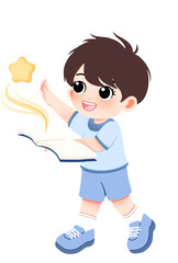 Joyful boy reading a magical book with a glowing star emerging from its pages, symbolizing imagination and learning