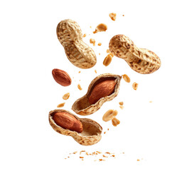 Floating peanuts and shells, dark background, warm lighting