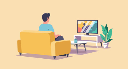 A man relaxes on a sofa watching television in his living room.