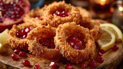 Deep fried rings garnished with jewel like fruit seeds and citrus slices rest upon rustic wood