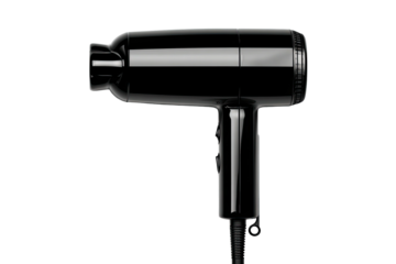 Black hair dryer with cord, simple tool on solid background
