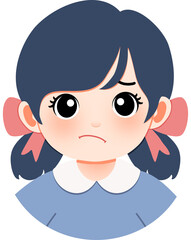 Vector illustration of a cute cartoon girl with a sad and worried facial expression, featuring dark hair with pink bows