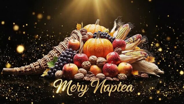 Thanksgiving cornucopia overflowing with harvest bounty apples pumpkins grapes corn nuts on black background, celebrating autumn with festive light bursts