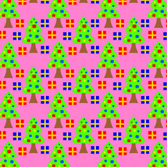Seamless Pattern of Cheerful Cartoon Christmas Trees and Gift Boxes on a Pink Background. Colorful Vector Design for Gift Wrap, Kids Apparel, or Winter Holiday Textiles