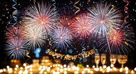 A festive image of fireworks and confetti celebrating the New Year, with champagne glasses and sparkling lights in the foreground.