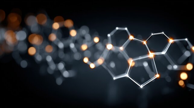 Abstract molecular structure with hexagons and glowing points on a dark background.