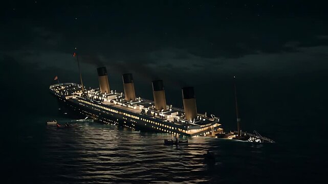 Historical recreation of the Titanic sinking in the Atlantic ocean at night time, disaster footage