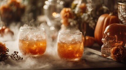 Two glasses of amber-colored liquid with ice cubes, garnished with orange and black flowers, 