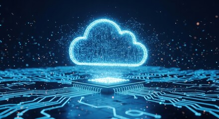 Digital cloud computing concept over glowing circuit board and cpu chip, data transfer