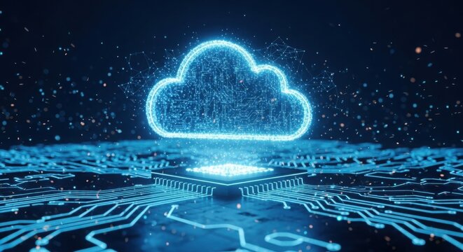 Digital cloud computing concept over glowing circuit board and cpu chip, data transfer - Powered by Adobe