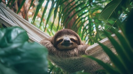 Fototapeta premium Contented mammal resting comfortably in a woven suspended bed amidst lush green foliage