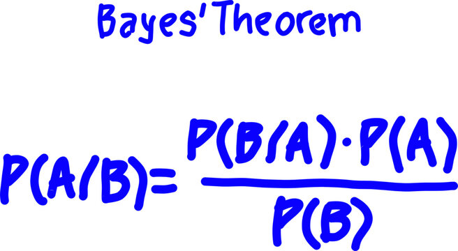 Handwritten blue illustration of Bayes&rsquo; Theorem formula, showing conditional probability calculation. Perfect for statistics education, data science, and academic materials.
