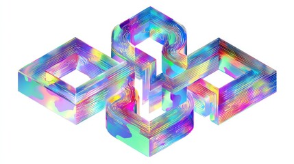 A colorful, abstract geometric design with a rainbow hue, featuring a series of interconnected, swirling shapes and patterns.