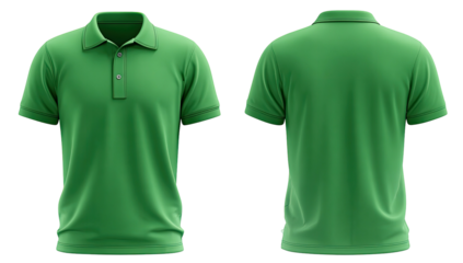 Green polo shirt, front and back, short sleeves, button collar