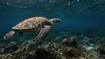 Obraz premium Sea turtle glides through underwater coral reef