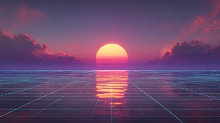 Glowing neon grid stretches across a reflective surface toward a vibrant setting sun.