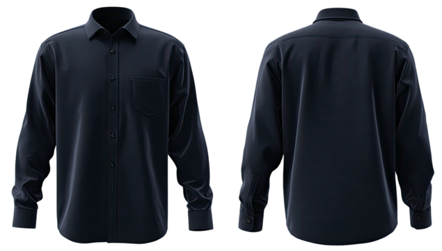 Blue shirt, front & back views. Dark background. Isolated