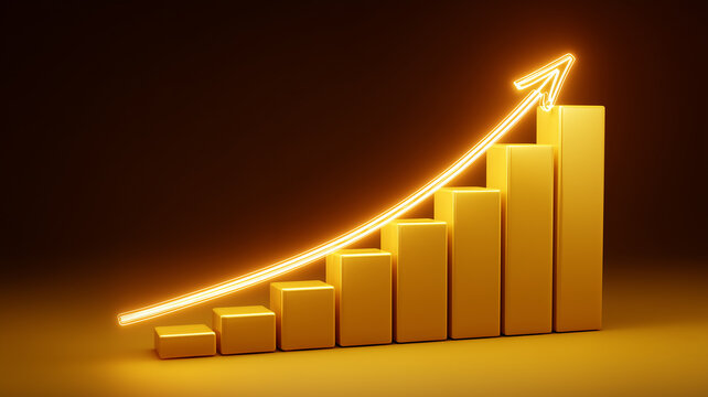 Ascending bar chart with glowing upward curve representing financial success, business improvement and long term economic progress.
