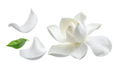 Ethereal blue flowers shedding delicate petals in a gentle cascade against a bright, clean white background, symbolizing fragility and beauty