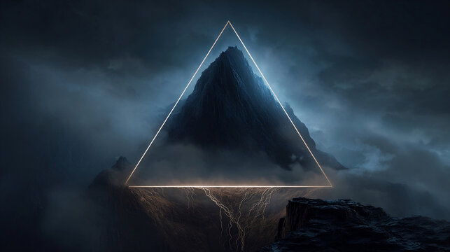 Glowing Triangle Above Mountain Peak: Surreal Neon Geometry in a Misty, Stormy Landscape