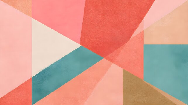 Composition featuring overlapping geometric shapes in warm and cool pastel colors