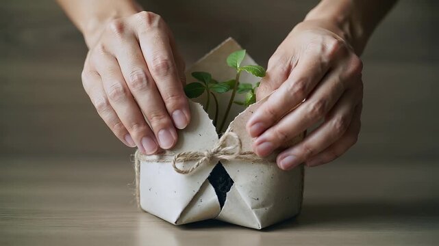 Hands carefully presenting a wrapped seedling in natural paper