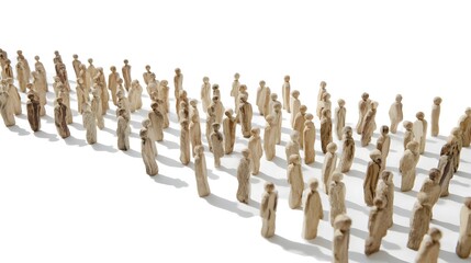 endless staggered rows of wooden model people on white background