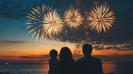A family, silhouetted against a vibrant sunset sky, watches a spectacular display of fireworks exploding over the water, celebrating a special occasion